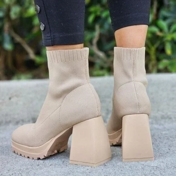 Women's Chunky Block Heel Sock Boots Nude Color - Picture 5 of 6